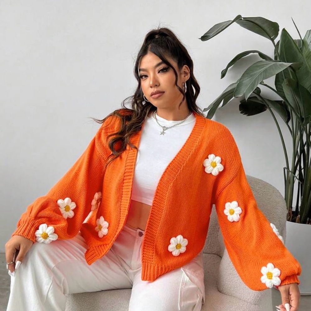SHEIN Orange Daisy Embellished Cardigan